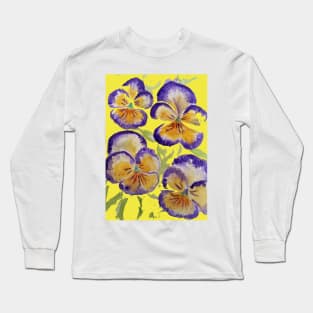 Viola Watercolor Purple Floral Pattern on Yellow Long Sleeve T-Shirt